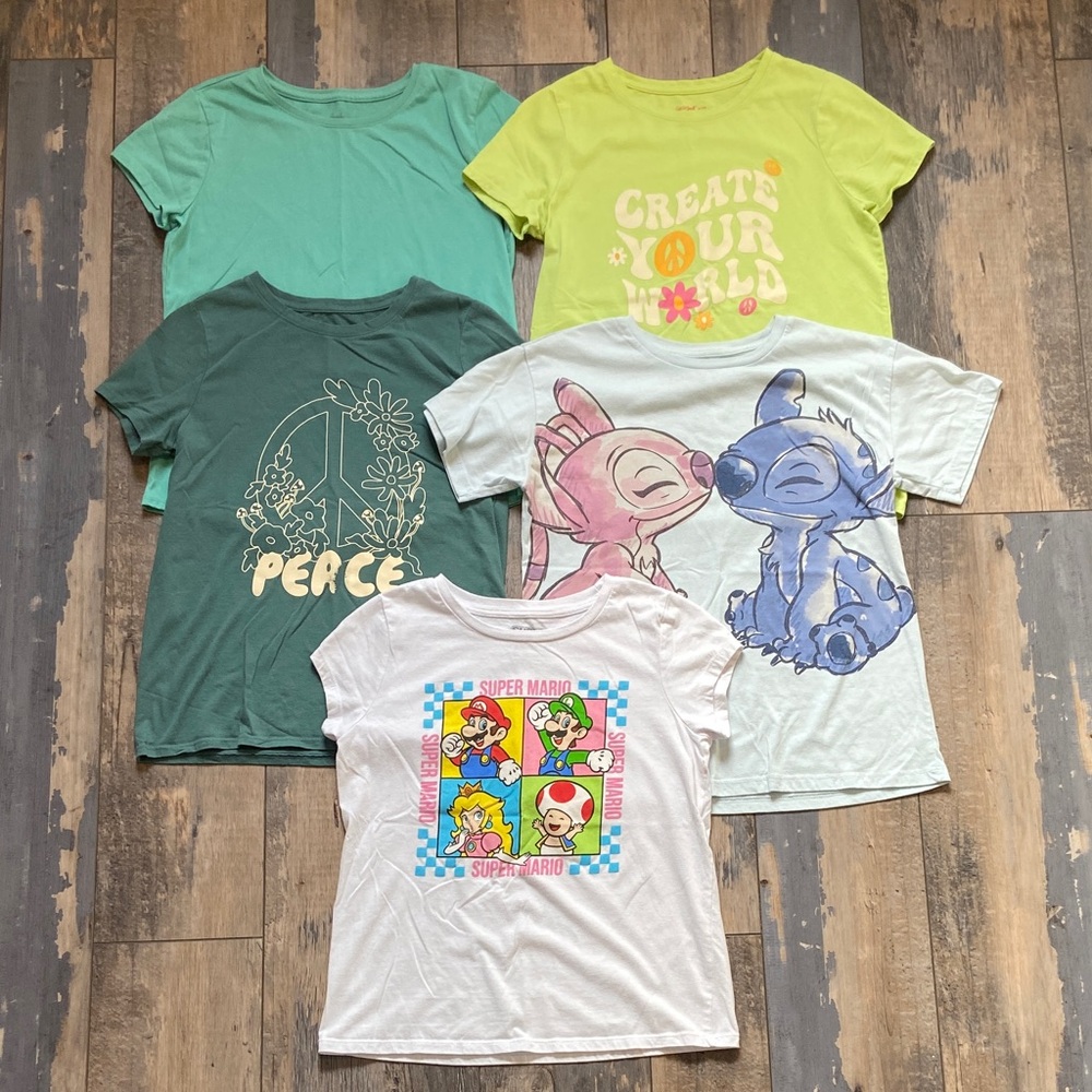 Girls Graphic T-Shirt Bundle Set of 5 Short Sleeve Tees Tops Shirts Size XL 14